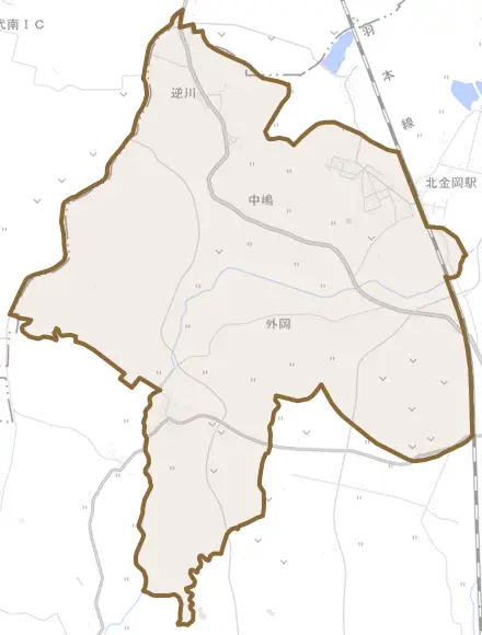 外岡とその周辺の地図。町の範囲を重ねている