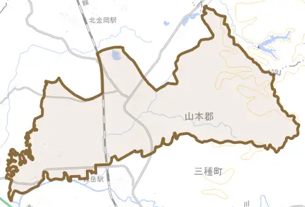 豊岡金田とその周辺の地図。町の範囲を重ねている