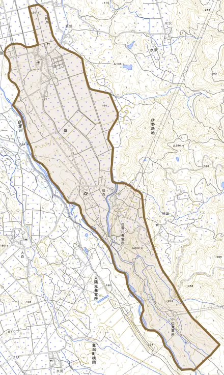 畑とその周辺の地図。町の範囲を重ねている