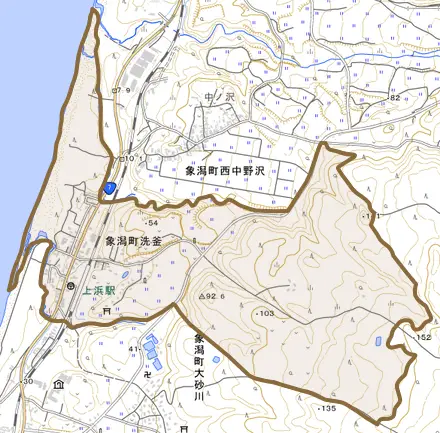 象潟町洗釜とその周辺の地図。町の範囲を重ねている