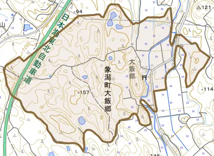 象潟町大飯郷とその周辺の地図。町の範囲を重ねている