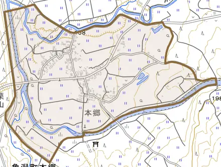 象潟町本郷とその周辺の地図。町の範囲を重ねている