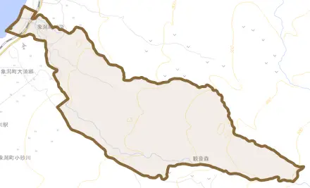 象潟町川袋とその周辺の地図。町の範囲を重ねている