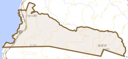 象潟町小砂川とその周辺の地図。町の範囲を重ねている