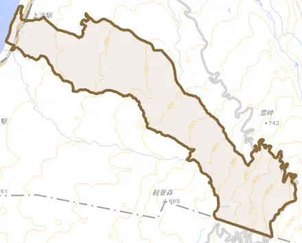 象潟町大砂川とその周辺の地図。町の範囲を重ねている