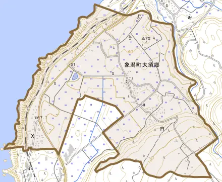 象潟町大須郷とその周辺の地図。町の範囲を重ねている