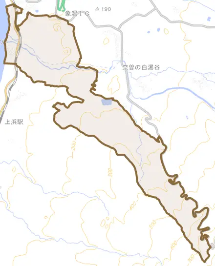 象潟町関とその周辺の地図。町の範囲を重ねている