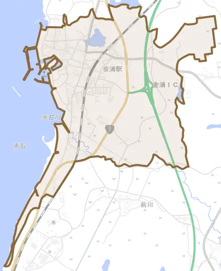金浦とその周辺の地図。町の範囲を重ねている