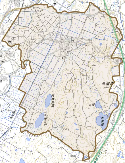 前川とその周辺の地図。町の範囲を重ねている