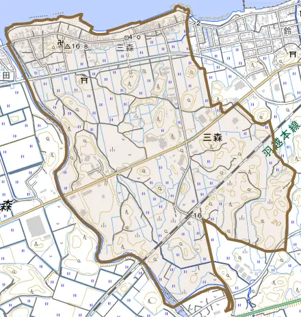 三森とその周辺の地図。町の範囲を重ねている