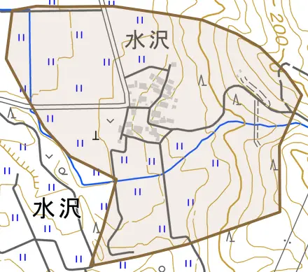 水沢とその周辺の地図。町の範囲を重ねている