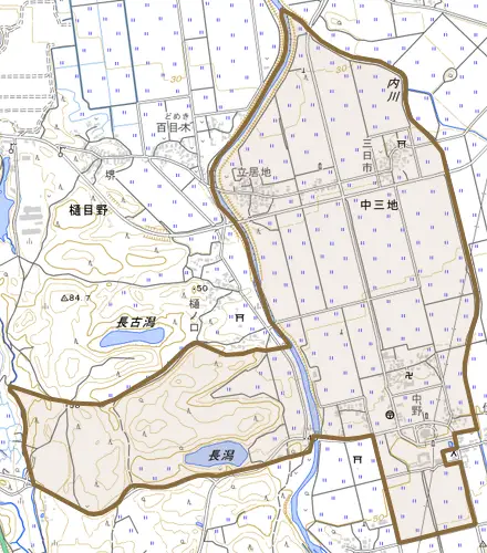 中三地とその周辺の地図。町の範囲を重ねている
