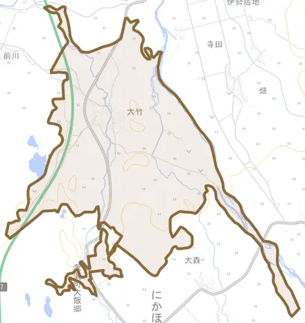 大竹とその周辺の地図。町の範囲を重ねている
