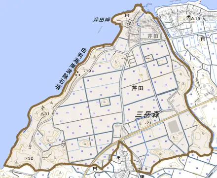 芹田とその周辺の地図。町の範囲を重ねている