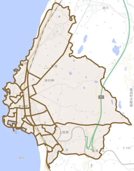 象潟町とその周辺の地図。町の範囲を重ねている