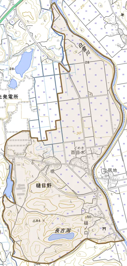 樋目野とその周辺の地図。町の範囲を重ねている