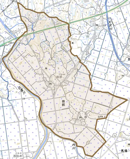 田抓とその周辺の地図。町の範囲を重ねている