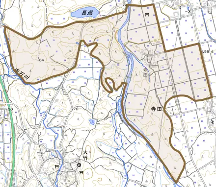 寺田とその周辺の地図。町の範囲を重ねている