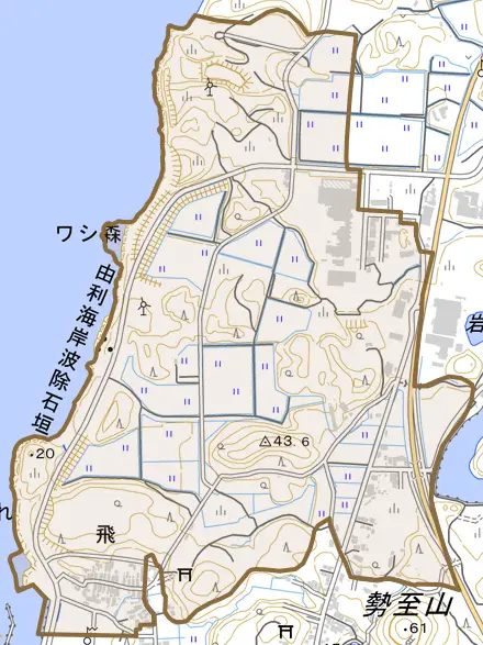 飛とその周辺の地図。町の範囲を重ねている