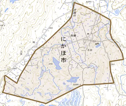 冬師とその周辺の地図。町の範囲を重ねている