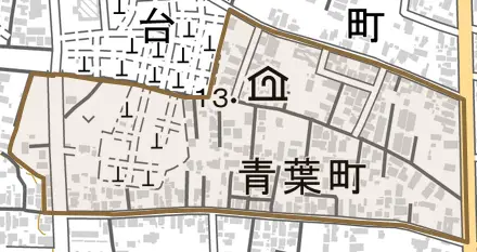 青葉町とその周辺の地図。町の範囲を重ねている