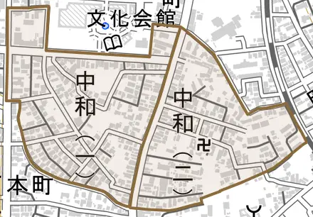 中和とその周辺の地図。町の範囲を重ねている