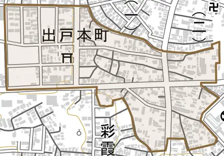 出戸本町とその周辺の地図。町の範囲を重ねている