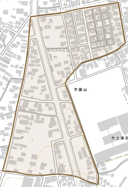 字藤山とその周辺の地図。町の範囲を重ねている