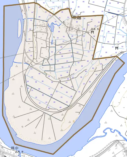 吹越とその周辺の地図。町の範囲を重ねている