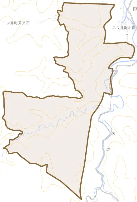 二ツ井町小掛とその周辺の地図。町の範囲を重ねている