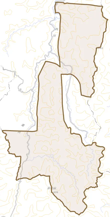 二ツ井町田代とその周辺の地図。町の範囲を重ねている