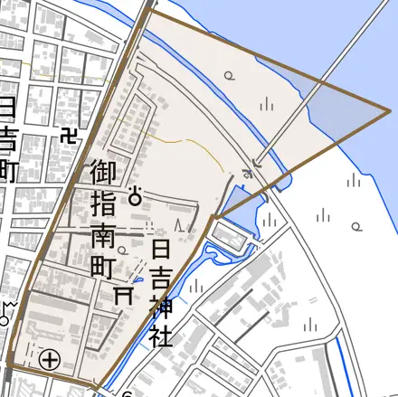 御指南町とその周辺の地図。町の範囲を重ねている