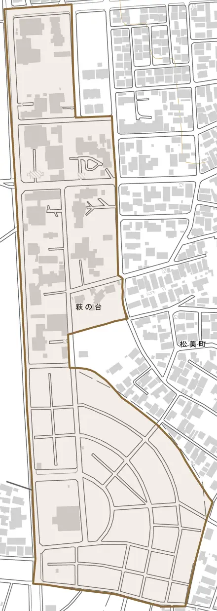 萩の台とその周辺の地図。町の範囲を重ねている
