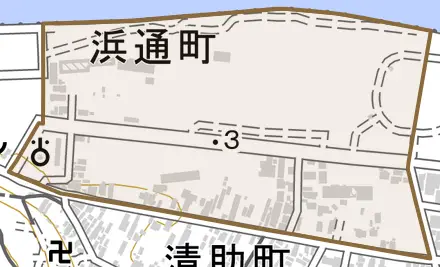 浜通町とその周辺の地図。町の範囲を重ねている