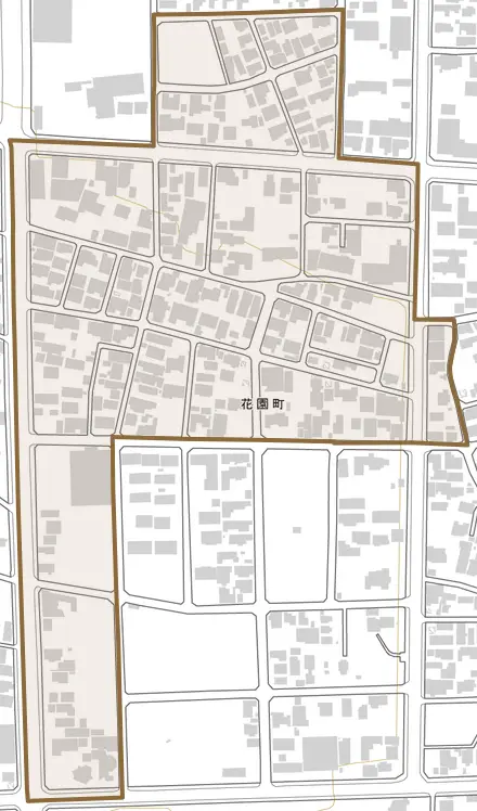 花園町とその周辺の地図。町の範囲を重ねている