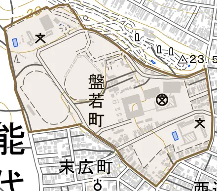 盤若町とその周辺の地図。町の範囲を重ねている