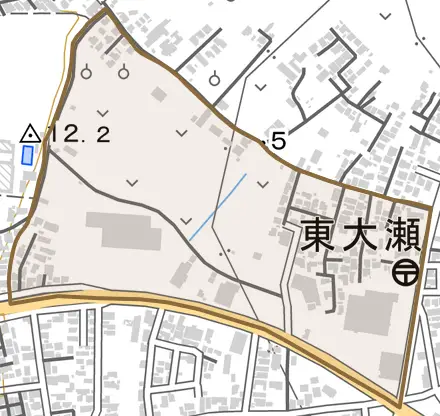 字東大瀬とその周辺の地図。町の範囲を重ねている
