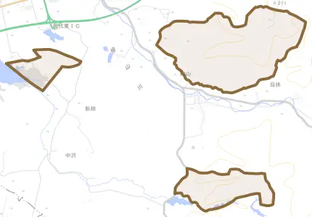 檜山とその周辺の地図。町の範囲を重ねている