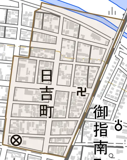 日吉町とその周辺の地図。町の範囲を重ねている