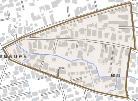 鰄渕とその周辺の地図。町の範囲を重ねている
