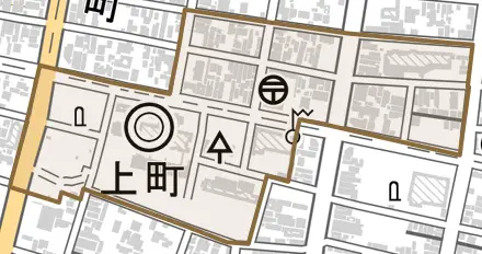 上町とその周辺の地図。町の範囲を重ねている