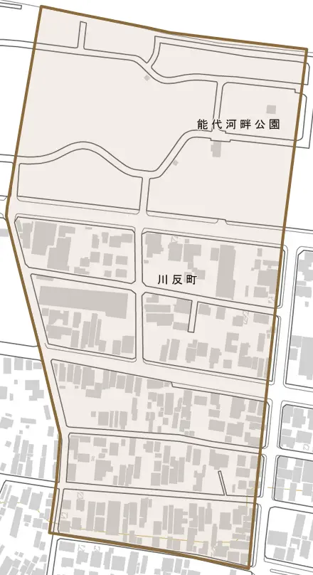 川反町とその周辺の地図。町の範囲を重ねている