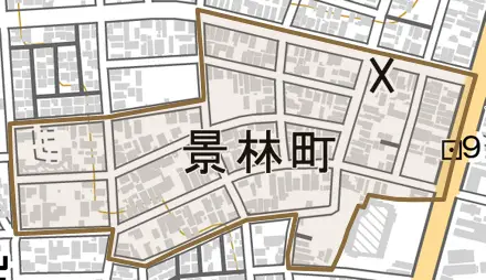 景林町とその周辺の地図。町の範囲を重ねている