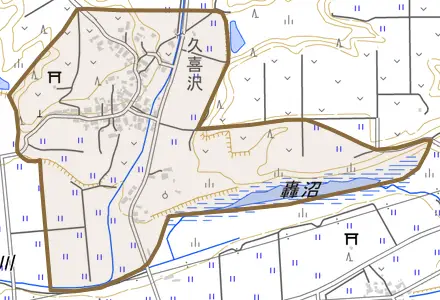久喜沢とその周辺の地図。町の範囲を重ねている