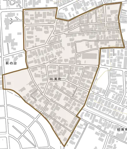 松美町とその周辺の地図。町の範囲を重ねている