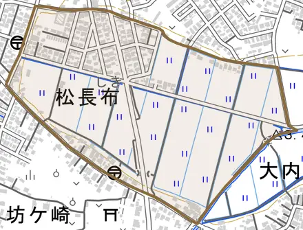 字松長布とその周辺の地図。町の範囲を重ねている