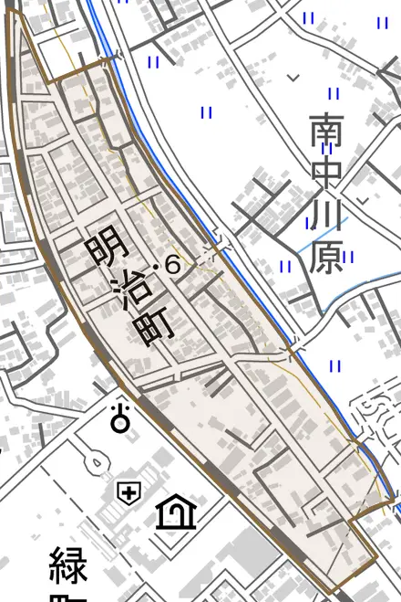 明治町とその周辺の地図。町の範囲を重ねている