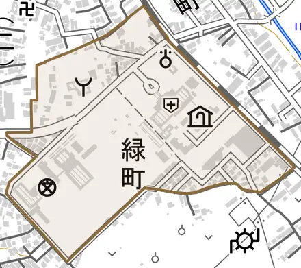 緑町とその周辺の地図。町の範囲を重ねている