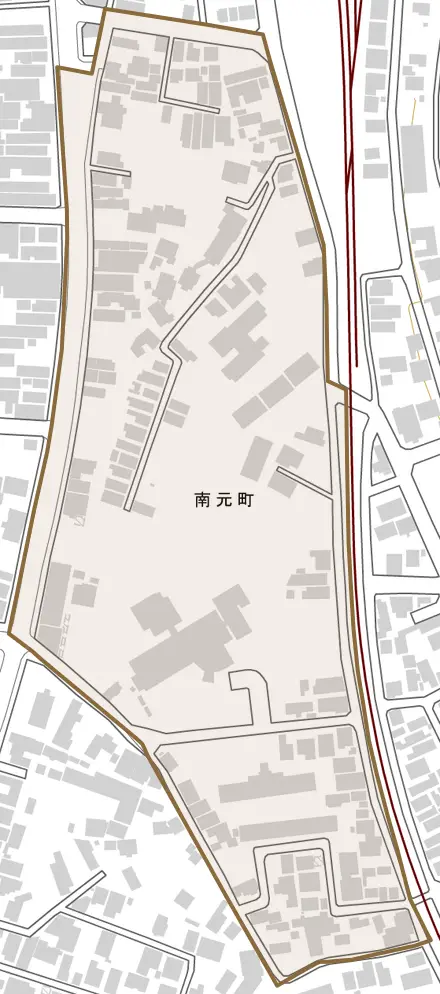 南元町とその周辺の地図。町の範囲を重ねている