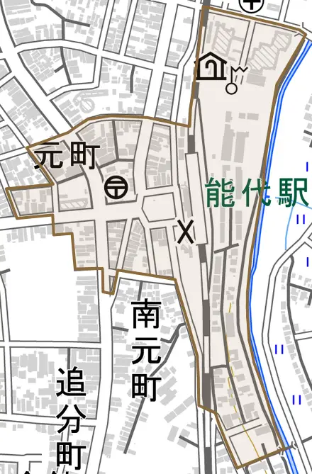 元町とその周辺の地図。町の範囲を重ねている